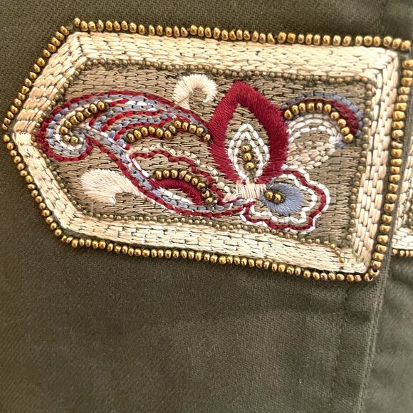 Chico's Quilted Military Jacket Sz 3 / XL Olive Green Embellished Baroque EUC - Picture 6 of 11